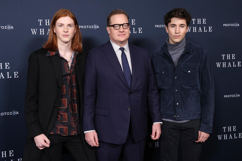 NEW YORK, NEW YORK - NOVEMBER 29: Leland Fraser, Brendan Fraser, and Holden Fraser attend a New York screening of 