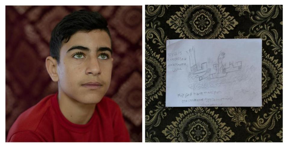 Portrait of Ayham*, aged 15, inside Za’atari refugee camp Jordan, alongside his drawing of buildings asking for help during the earthquakes (Charlie Frogham-Bailey/Save the Children)