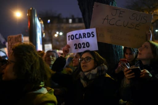 Feminist activists outside the Cesars award ceremony in Paris