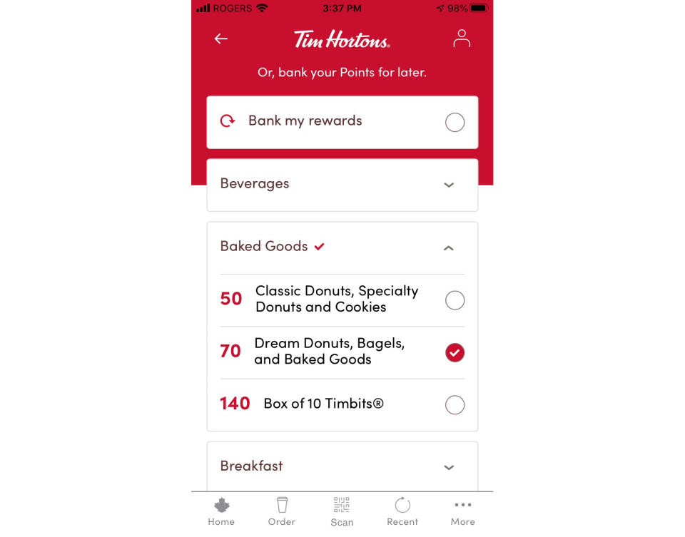 An example of how to set the reward goal in the Tim Hortons app. (Yahoo News Canada)