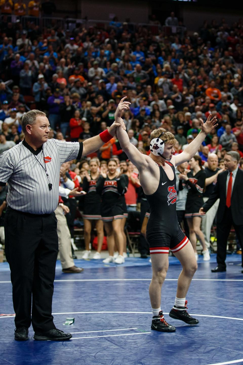 Fort Dodge's Brody Teske celebrates after beating Kaleb Olejniczak of Perry during their class 3A 126 pound championship match at Wells Fargo Arena on Saturday, Feb. 17, 2018, in Des Moines. This was Teske's his fourth state title.