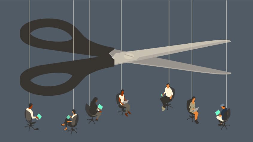 An illustration of a pair of scissors cutting strings attached to employees 