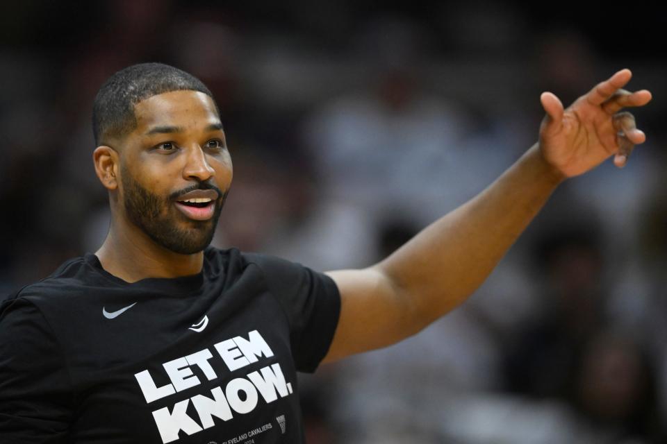 Apr 20, 2024; Cleveland, Ohio, USA; Cleveland Cavaliers center Tristan Thompson (13) reacts in the second quarter against the Orlando Magic during game one of the first round for the 2024 NBA playoffs at Rocket Mortgage FieldHouse. Mandatory Credit: David Richard-USA TODAY Sports