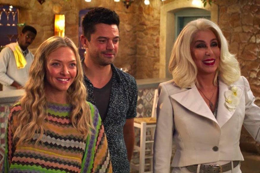 “Emotional journey”: Dominic Cooper with Amanda Seyfried and Cher in a scene from Mamma Mia! Here We Go Again