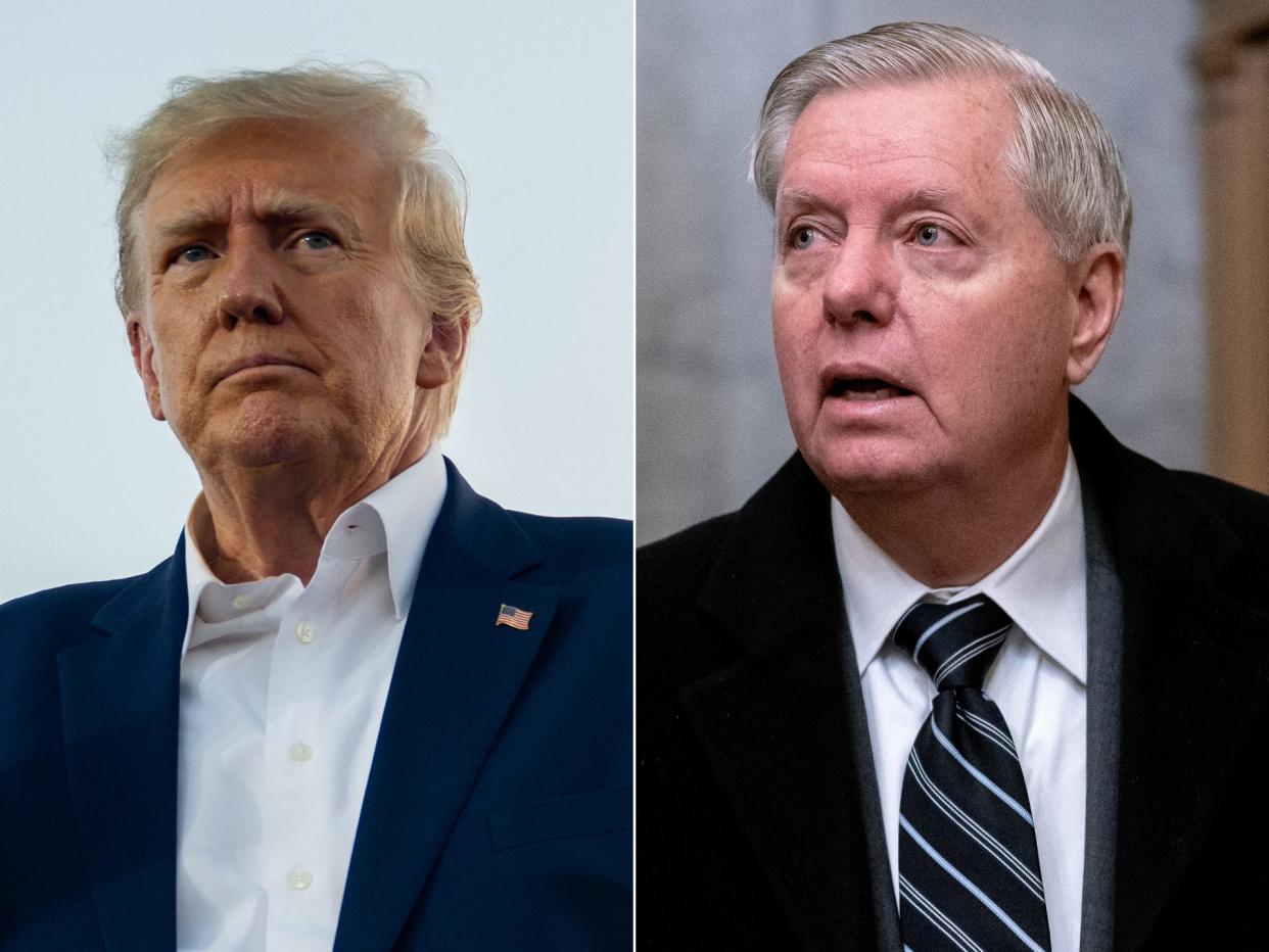 A picture of Donald Trump with an American flag pin next to a picture of Sen. Lindsey Graham in a shirt and tie.