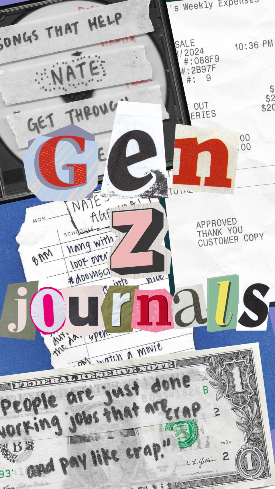 Collage of notes, receipts, and a dollar bill overlaid with "Gen Z Journals" text, symbolizing financial and personal struggles