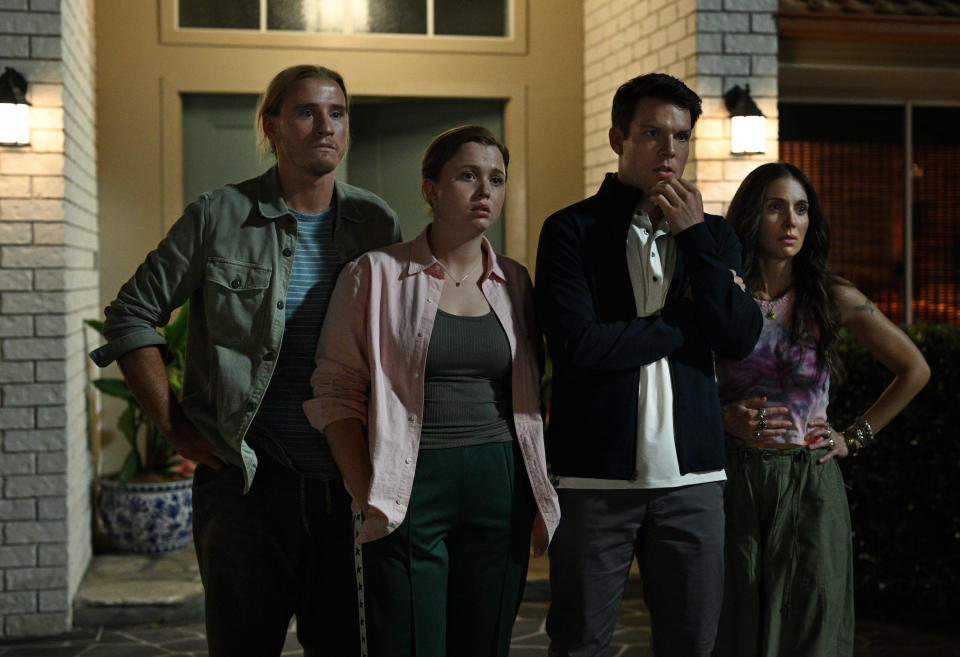 From left: Conor Merrigan Turner as Logan Delaney, Essie Randles as Brooke Delaney, Jake Lacy as Troy Delaney, and Alison Brie as Amy Delaney