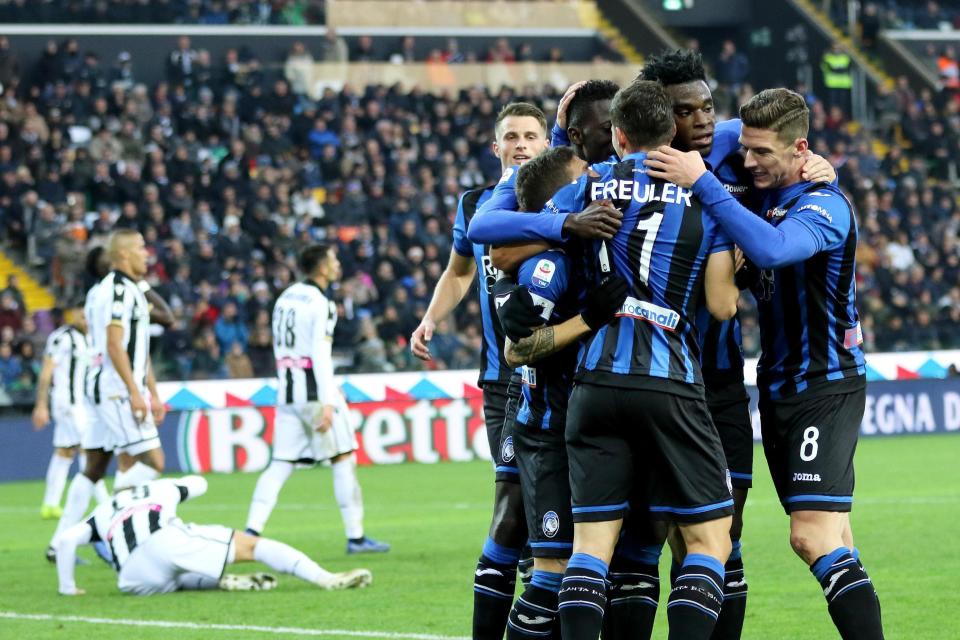 Atalanta's Duvan Zapata celebrates with his teammates after scoring during a Serie A soccer match between Udinese and Atalanta at the Friuli stadium in Udine, Italy, Sunday, Dec. 9, 2018. (Stefano Lancia/ANSA via AP)