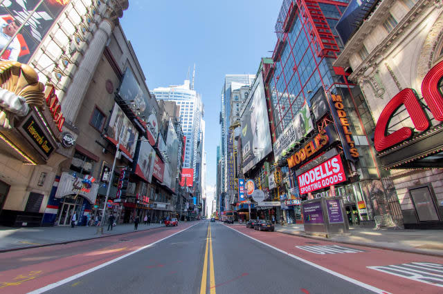 NEW YORK, NEW YORK - MAY 07: The view looking east along an empty 42nd street in Times Square amid the coronavirus pandemic on May 7, 2020 in New York City. COVID-19 has spread to most countries around the world, claiming over 270,000 lives with over 3.9 million cases. (Photo by Alexi Rosenfeld/Getty Images)