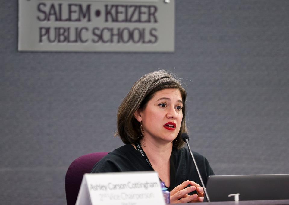 Salem-Keizer Superintendent Andrea Castañeda discusses the proposed layoffs on Monday, the first of two nights of district school board meetings.