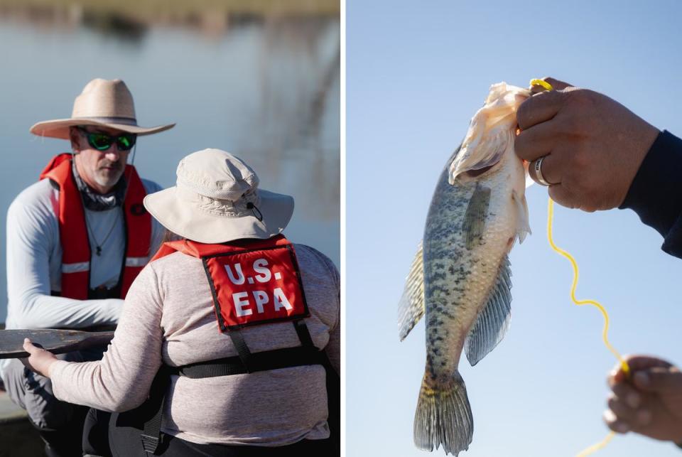Left: U.S. Environmental Protection Agency scientists, Robert Cook, left, and Chelsea Hidalgo, prepare to set up hook nets at Fish Trap Lake Park in Dallas. Right: Charles Langoria, 47, a West Dallas resident, holds up a bass fish caught at Fish Trap Lake Park.