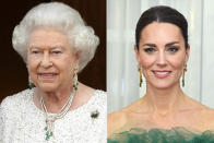 <p>The knockout diamond-and-pearl knot earrings with emeralds on the tassels were worn both at formal state events: Queen Elizabeth II wore hers with the matching necklace to a dinner hosted by President Barack Obama, while Kate chose them to complement <a href="https://people.com/royals/kate-middleton-glitters-in-green-for-jamaica-reception-and-accessorizes-with-the-queens-jewels/" rel="nofollow noopener" target="_blank" data-ylk="slk:the green Jenny Packham gown she wore while visiting Jamaica" class="link ">the green Jenny Packham gown she wore while visiting Jamaica</a>. </p>