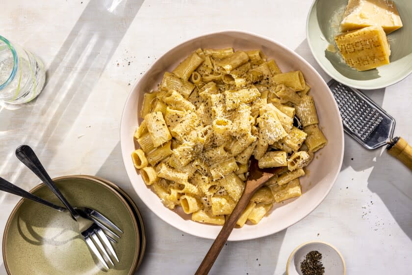 EL SEGUNDO, CALIFORNIA, June 16, 2022: Chef Martin Draluck's rigatoni with cream, parmesan, black pepper and sherry photographed for Ben Mims' column on Thursday, June 16, 2022, at the Los Angeles Times' test kitchen in El Segundo, Cali. (Silvia Razgova / For the Times, Prop Styling / Jennifer Sacks) Assignment ID: 973882