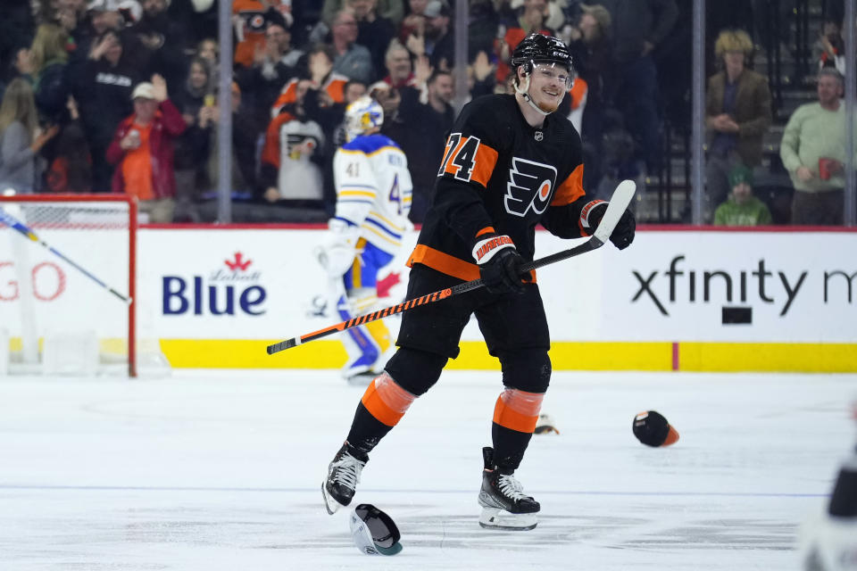 Philadelphia Flyers' Owen Tippett reacts after scoring his third goal in an NHL hockey game against the Buffalo Sabres, Friday, March 17, 2023, in Philadelphia. (AP Photo/Matt Slocum)