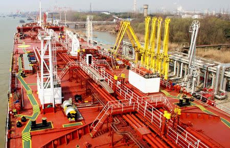 An oil tanker is pictured at a port in Yangzhou, Jiangsu Province, China, March 1, 2016. REUTERS/Stringer