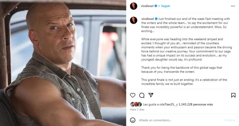 Vin Diesel confirma su regreso como Toretto en 'Rápidos y Furiosos 11. (Crédito: Instagram)'