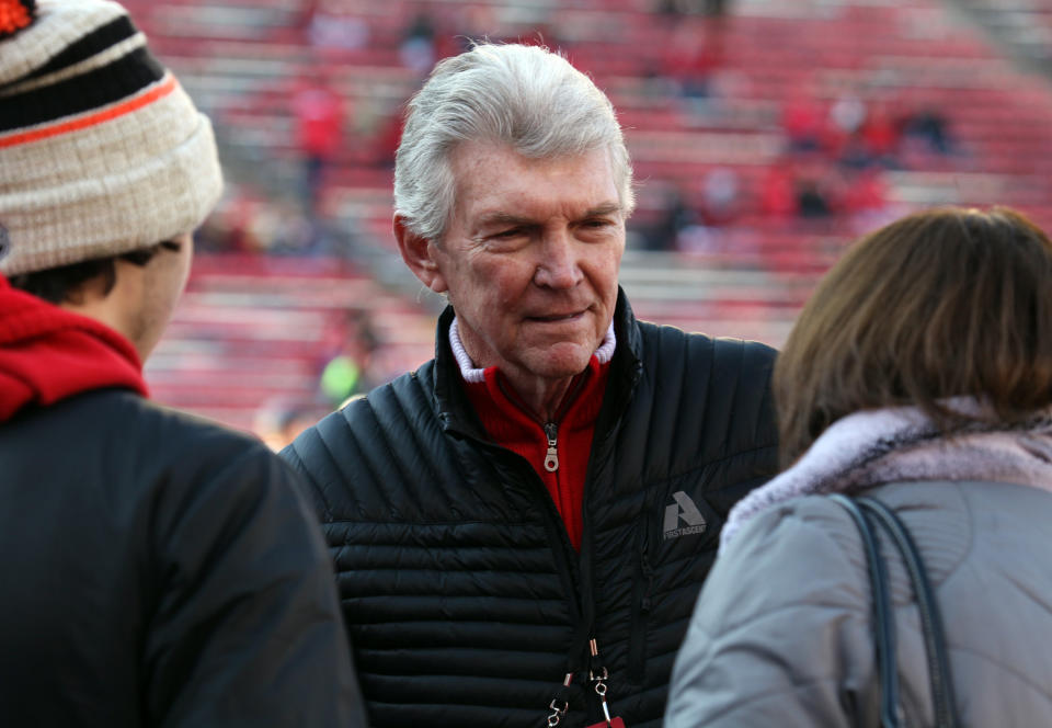 Nov 30, 2013; Madison, WI, USA; Wisconsin Badgers former athletic director Pat Richter (1989-04) during pre-game warm-ups against the Penn State Nittany Lions at Camp Randall Stadium. Mandatory Credit: Mary Langenfeld-USA TODAY Sports