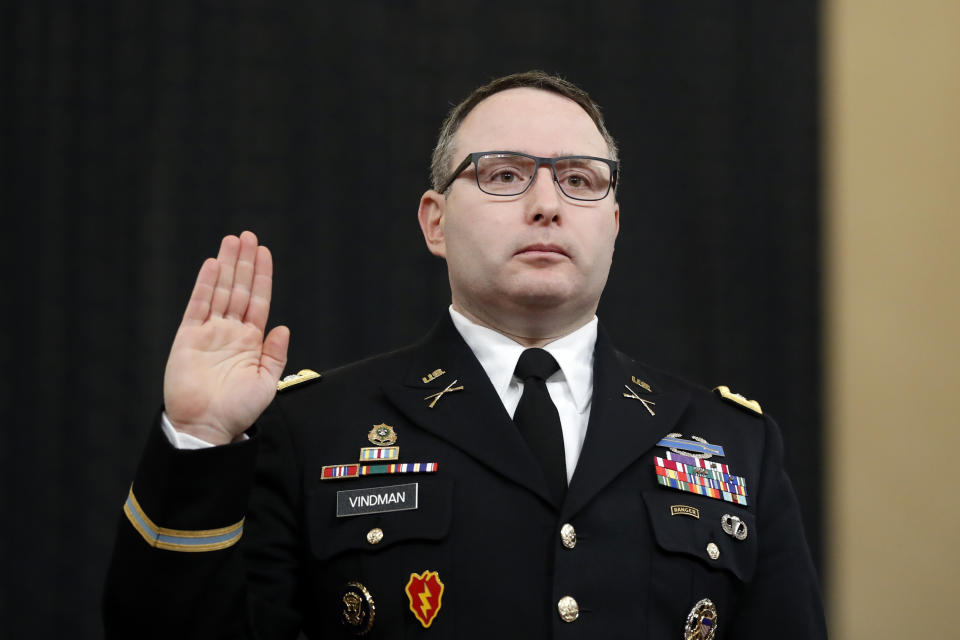 National Security Council aide Lt. Col. Alexander Vindman is sworn in to testify before the House Intelligence Committee on Capitol Hill in Washington, Nov. 19, 2019, during a public impeachment hearing of President Donald Trump's efforts to tie U.S. aid for Ukraine to investigations of his political opponents. (Photo: Andrew Harnik/AP)