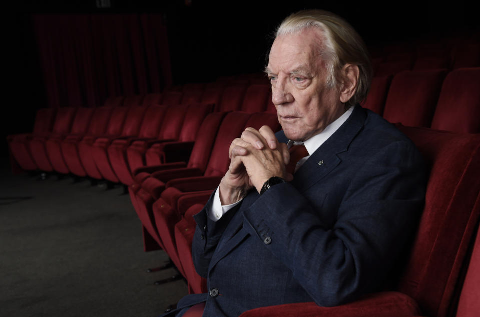 FILE - Actor Donald Sutherland appears at the Academy of Motion Picture Arts and Sciences in Beverly Hills, Calif., on Oct. 13, 2017. Sutherland, the towering Canadian actor whose career spanned "M.A.S.H." to "The Hunger Games," has died at 88. (Photo by Chris Pizzello/Invision/AP, File)