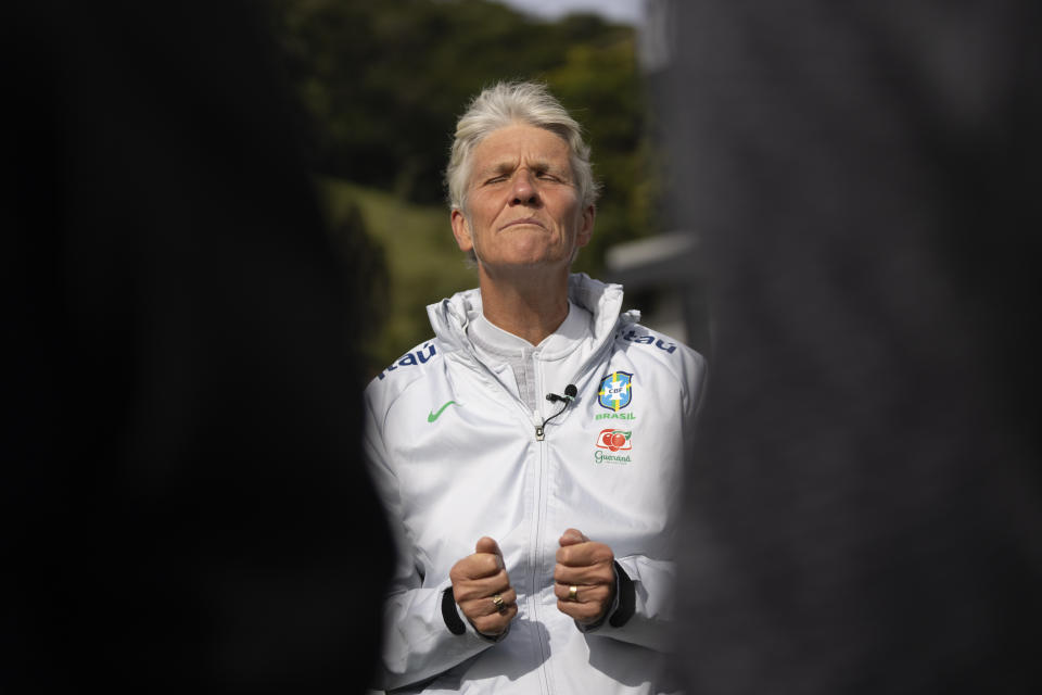 Head coach of the Brazilian women's soccer team, Pia Sundhage, gives an interview at the Granja Comary training center, as she prepares her team for the FIFA Women's World Cup tournament in Teresopolis, Brazil, Friday, June 23, 2023. (AP Photo/Silvia Izquierdo)
