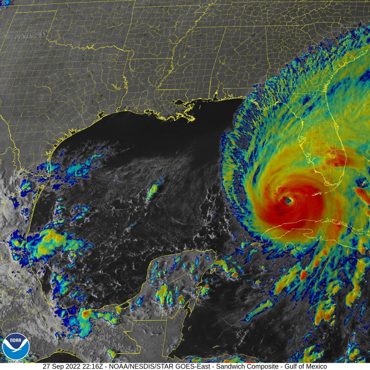 Hurricane Ian as seen in this infrared GOES satellite view on the evening of Sept. 27, 2022.