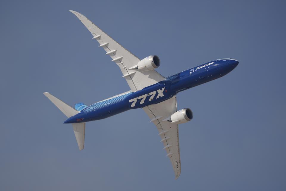 A Boeing 777X performs during the opening day of the Dubai Air Show, United Arab Emirates, Monday, Nov. 13, 2023. (AP Photo/Kamran Jebreili)