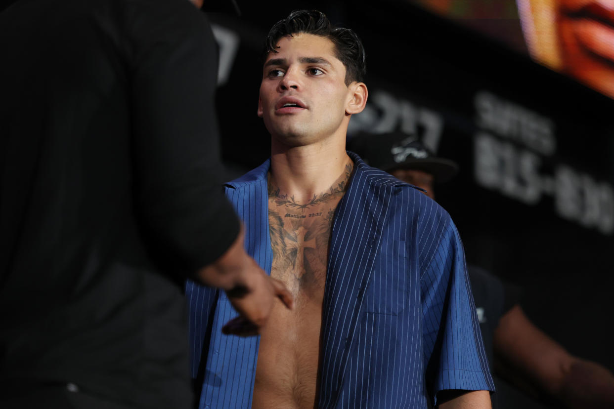 NEW YORK, NEW YORK - APRIL 19: Ryan Garcia looks on during a weigh-in at Barclays Center on April 19, 2024 in New York City. (Photo by Cris Esqueda/Golden Boy/Getty Images)