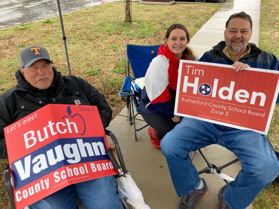 Butch Vaughn, Tim Holden and Holden's daughter Coreen Holden King campaign Tuesday outside of the SportsCom polling center in Murfreesboro. Vaughn is competing for the Rutherford County Board of Education Zone 6 seat while Tim Holden seeks the board's Zone 3 seat.