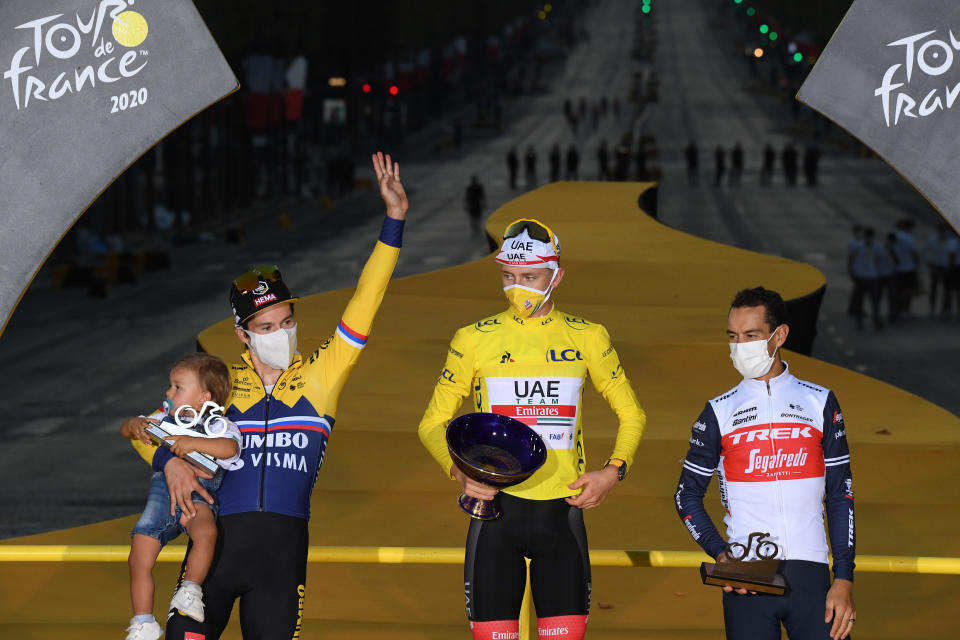 Primoz Roglic (pictured left) Tadej Pogacar (pictured middle) and Richie Porte (pictured right) during the 107th Tour de France 2020, Stage 21 a 122km stage from Mantes-La-Jolie to Paris Champs-Élysées. 