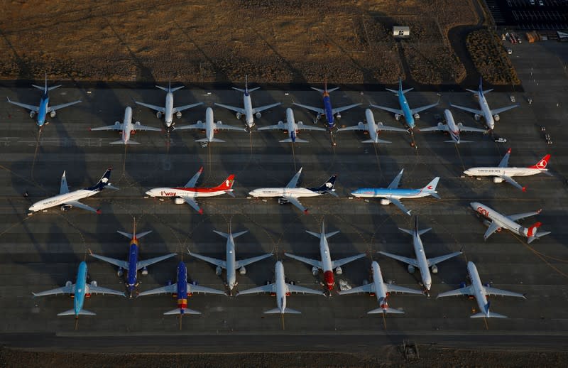 FILE PHOTO: An aerial photo shows Boeing 737 MAX aircraft at Boeing facilities at the Grant County International Airport in Moses Lake