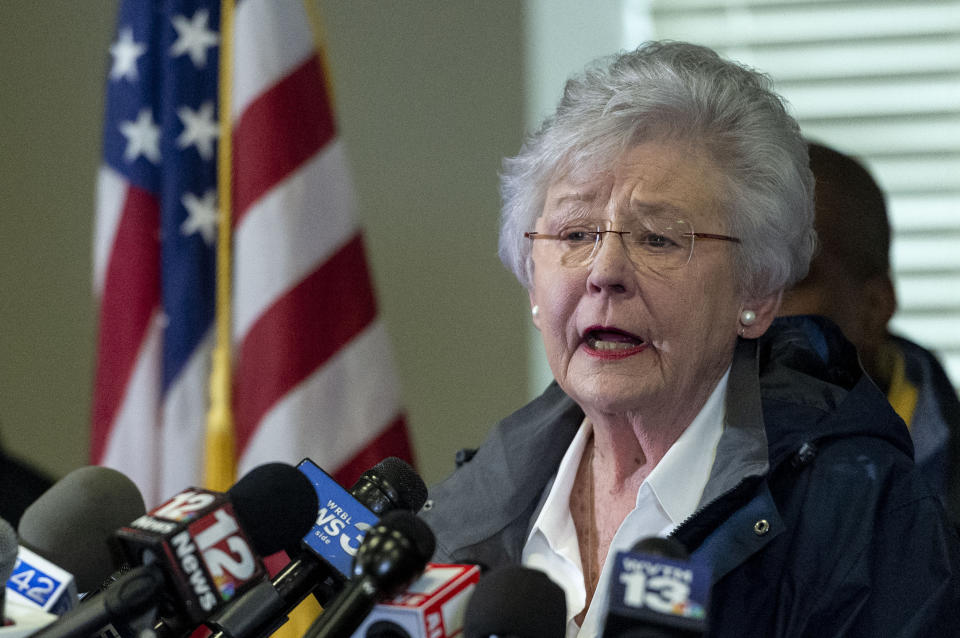 FILE - In this March 4, 2019 file photo Alabama Gov. Kay Ivey speaks at a news conference in Beauregard, Ala. Alabama Gov. Kay Ivey is apologizing after a radio interview described her wearing blackface during a college skit in the 1960s. Ivey issued a statement Thursday, Aug. 29, 2019 saying that she does not remember the sketch or ever wearing blackface but wanted to “offer my heartfelt apologies for the pain and embarrassment this causes.” (AP Photo/Vasha Hunt, File)