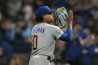 Chicago Cubs pitcher Marcus Stroman gestures while walking to the dugout after being taken out for a relief pitcher during the seventh inning of the team's baseball game against the San Francisco Giants in San Francisco, Friday, June 9, 2023. (AP Photo/Jeff Chiu)