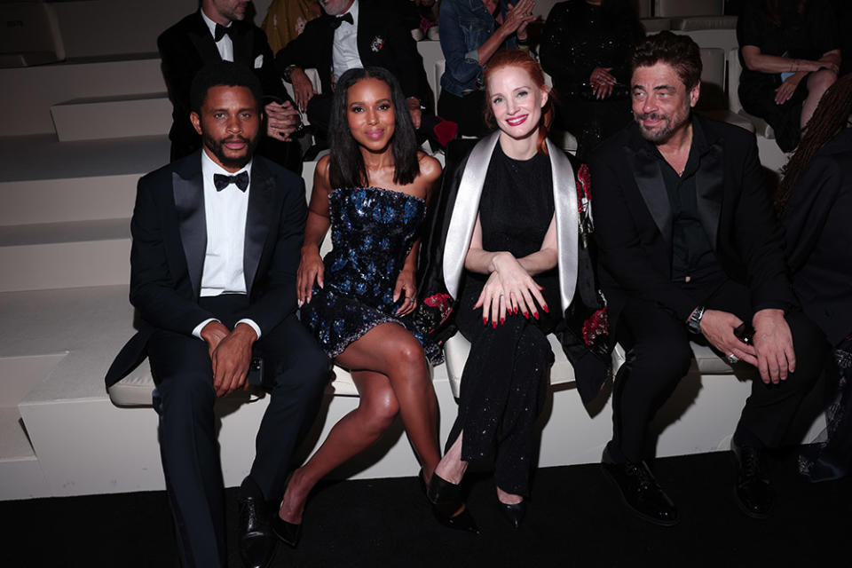 Nnamdi Asomugha, Kerry Washington, Jessica Chastain and Benicio del Toro attend Giorgio Armani "One Night In Venice" front row on September 02, 2023 in Venice, Italy.