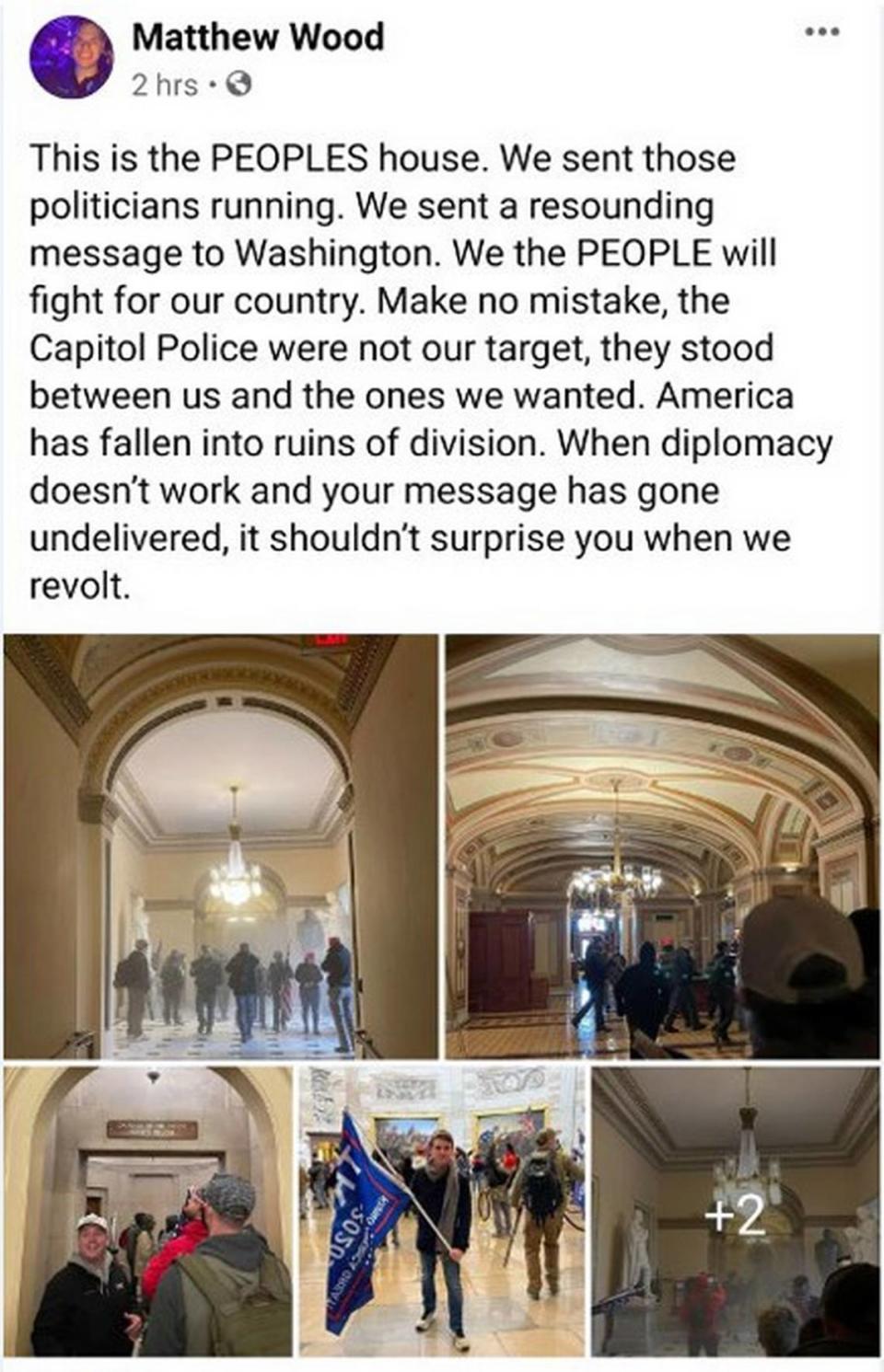 According to the FBI, this screenshot recovered from Facebook shows Matthew Wood of Reidsville, NC, inside the U.S. Capitol during the pro-Trump riot on Jan. 6, 2021.