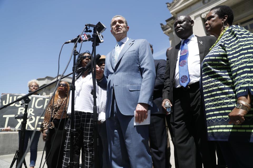 Attorneys Ben Crump and Antonio Romanucci announce they are filing what they call a “landmark” $550 million lawsuit for the death of Tyre Nichols at the hands of the Memphis Police Department.RowVaughn Wells, mother, and Rodney Wells, stepfather, stand next to Mr. Romanucci. The press conference was held outside of the Shelby County Circuit Court in downtown Memphis on April 19, 2023. 