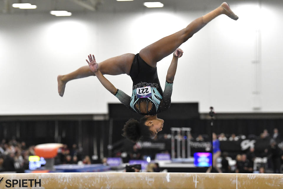 Skye Blakely performs on the balance beam at the USA Gymnastics Winter Cup competition in Louisville, Ky., Saturday, Feb. 24, 2024. (AP Photo/Timothy D. Easley)