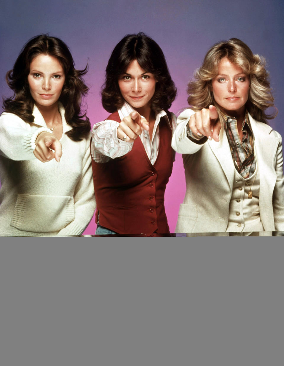 Jacyn Smith, Kate Jackson, and Farrah Fawcett on the set of 