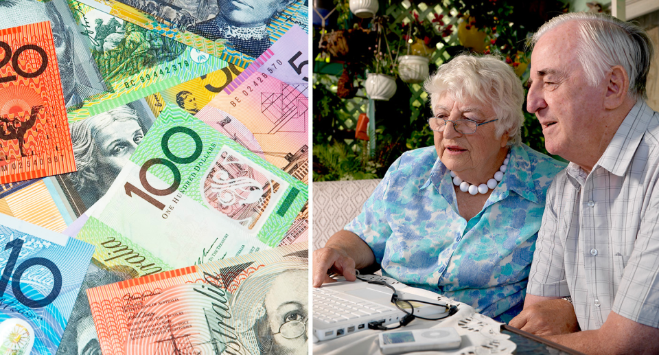 A composite image of money and an elderly couple to represent retirement.