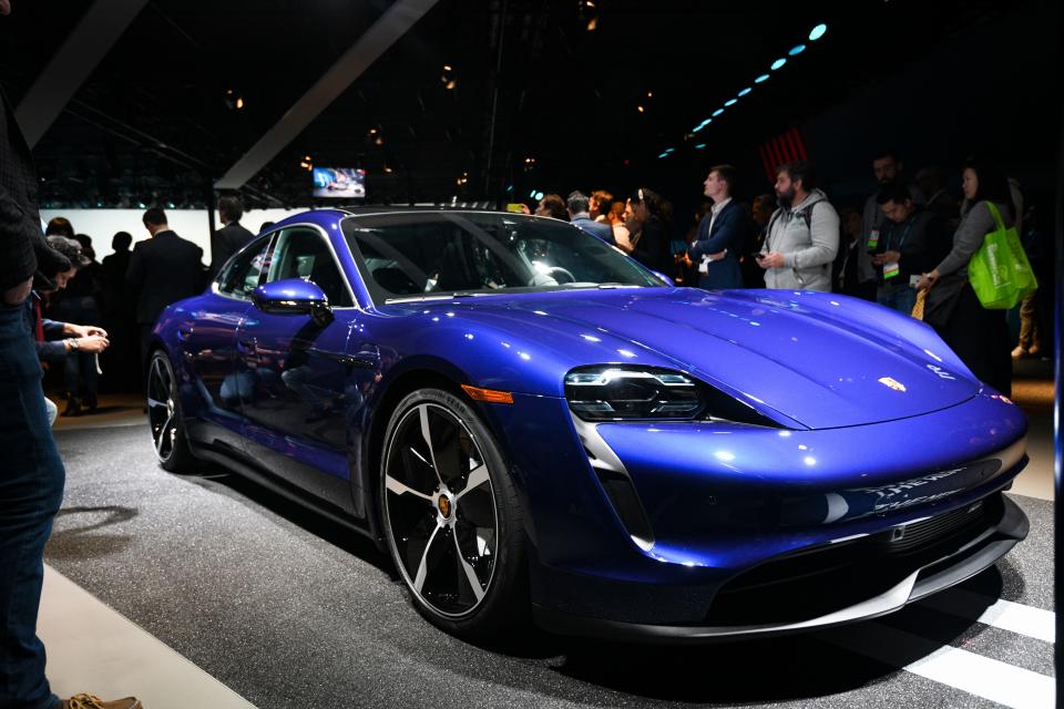 The Porsche Taycan 4S is photographed at the Los Angeles Auto Show at the Los Angeles Convention Center o