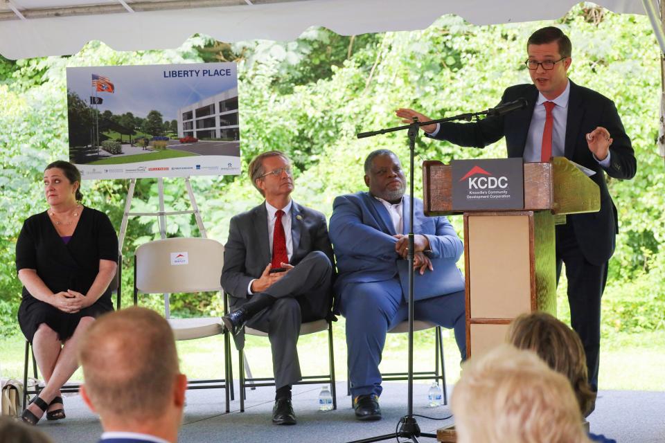 Ben Bentley, right, the executive director and CEO of Knoxville Community Development Corporation, speaks at the Aug. 16 groundbreaking ceremony for the Liberty Place home for veterans battling homelessness. Also taking part were, from left, Kim Henry, U.S. Rep. Tim Burchett and Kevin Dubose.