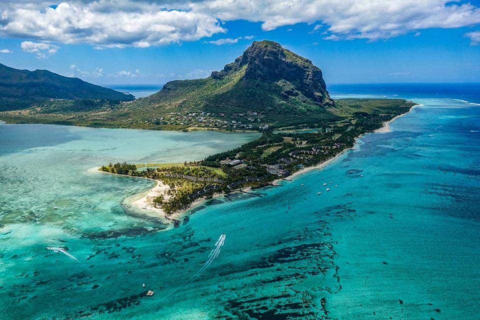An aerial view along the coastline of Mauritius.
