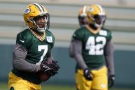 Green Bay Packers' Quay Walker runs a drill during an NFL football rookie minicamp Friday, May 6, 2022, in Green Bay, Wis. (AP Photo/Morry Gash)