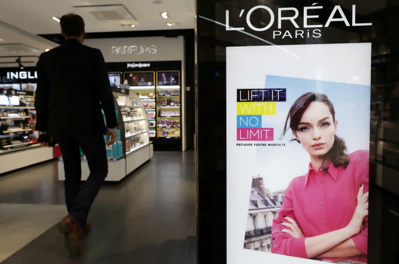 FILE PHOTO: A cosmetic display of French cosmetics group L'Oreal is seen at a duty free shop at the Nice International Airport, in Nice