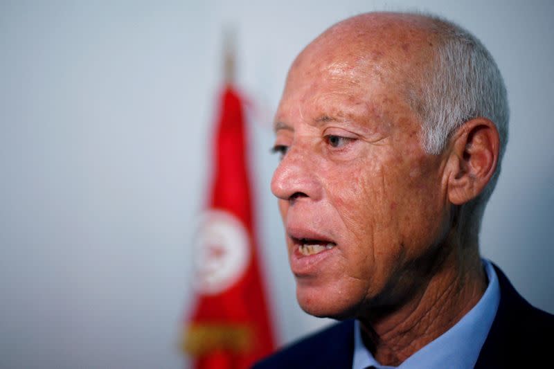 FILE PHOTO: Presidential candidate Kais Saied speaks during an interview with Reuters in Tunis