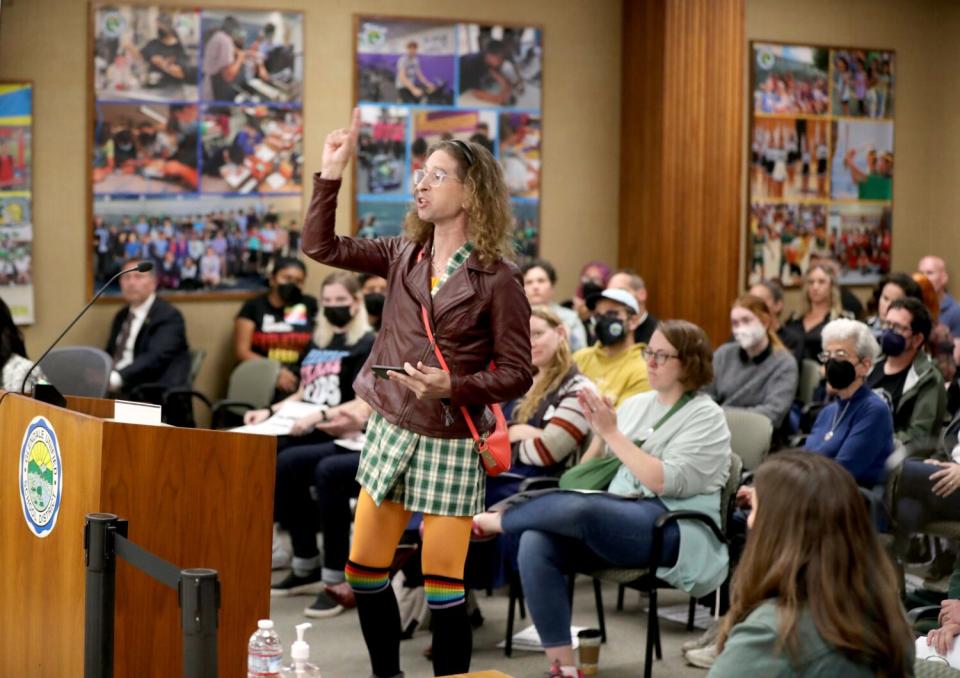 A person speaks during public comments section of the Glendale Unified School District meeting