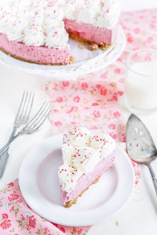 <p>Sugar and Soul</p><p>This No-Bake Raspberry Cheesecake is light and creamy and loaded with tart raspberries!</p><p><strong>Get the recipe: </strong><a href="https://www.sugarandsoul.co/no-bake-raspberry-cheesecake-recipe/" rel="nofollow noopener" target="_blank" data-ylk="slk:No-Bake Raspberry Cheesecake;elm:context_link;itc:0;sec:content-canvas" class="link rapid-noclick-resp"><strong>No-Bake Raspberry Cheesecake</strong></a></p>
