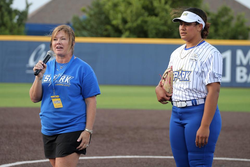 OKC Spark owner Tina Floyd speaks to the crowd beside Jocelyn Alo before the team's inaugural game June 15 in Edmond.