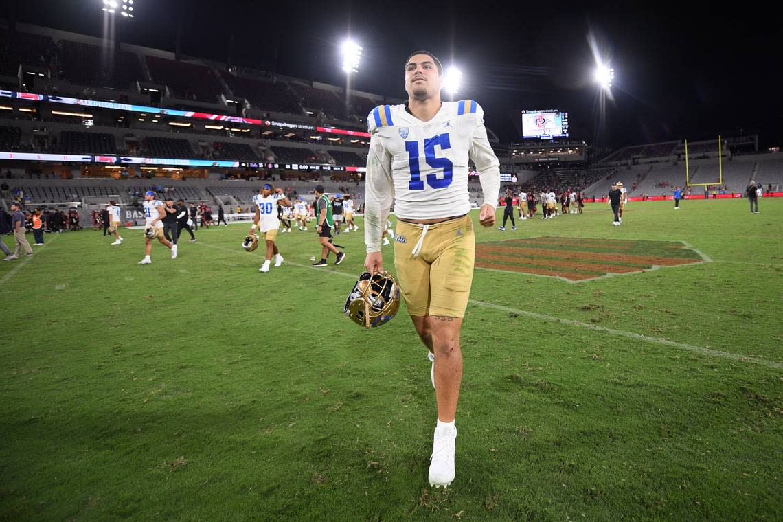 UCLA Bruins defensive lineman Laiatu Latu (15) runs off the field after the game against the San Diego State Aztecs on Sept. 9, 2023, at Snapdragon Stadium in San Diego. Orlando Ramirez/USA TODAY Sports