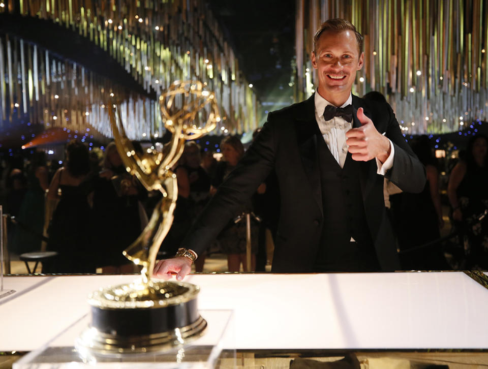 <p>A favorite of many, Alexander Skarsgård, who won Outstanding Supporting Actor in a Miniseries or a Movie for <em>Big Little Lies</em>, gave a thumbs-up from the Governors Ball. (Photo: Danny Moloshok/Invision for the Television Academy/AP Images) </p>