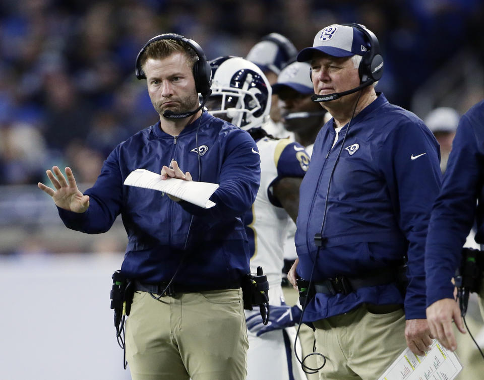 FILE - In this Dec. 2, 2018, file photo, Los Angeles Rams head coach Sean McVay motions to his team beside defensive coordinator Wade Phillips, right, during the second half of an NFL football game, in Detroit. Veteran defensive coordinator Wade Phillips has been fired by the Los Angeles Rams after three winning seasons. Phillips announced Monday, Jan. 6, 2020, on Twitter that the Rams are not renewing his contract. (AP Photo/Duane Burleson, File)